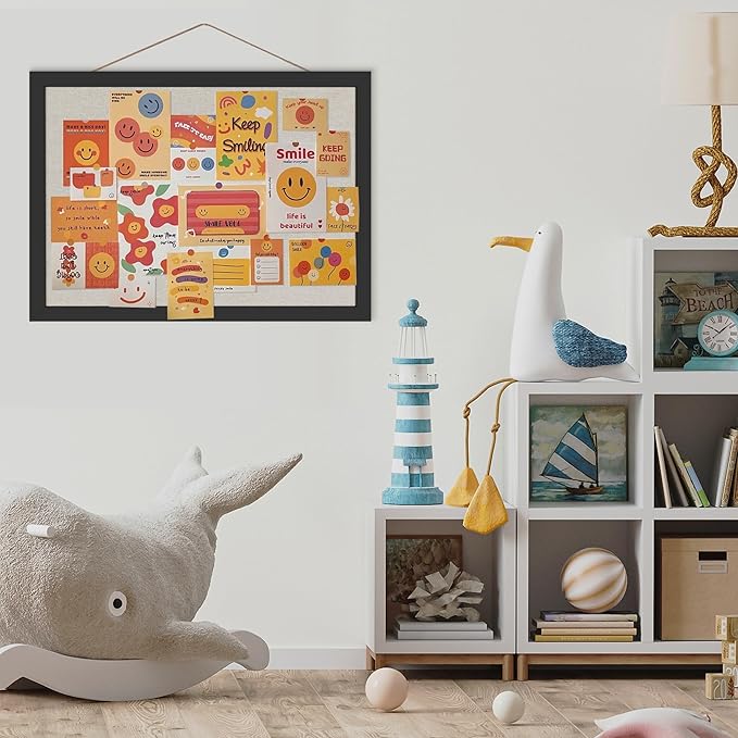 Cork Board Bulletin Board 16.7" x 11", Small Linen Corkboards with Frame for Walls, Cute Picture Display Pin Board Vision Board for Room School Office Bedroom 8 Pushpins Vintage Black