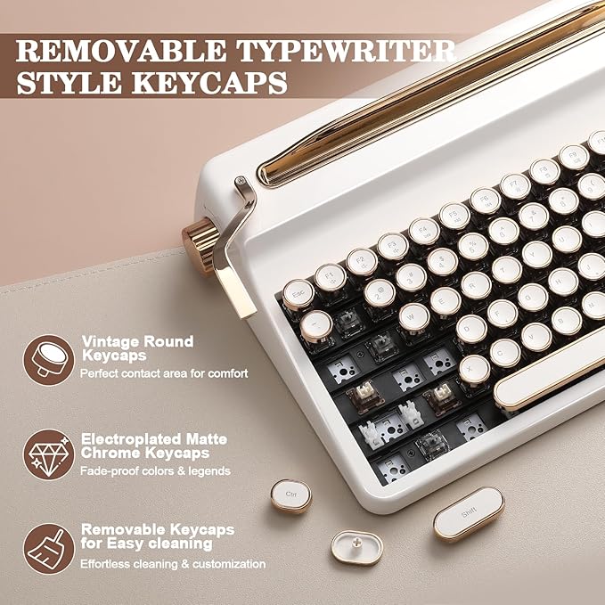 YUNZII QL75 Wireless Typewriter Hot Swap Retro Mechanical Keyboard,Punk Round Keycaps,RGB Backlit QMK/VIA Programmable, Multi-Device Keyboard with 2.4GHz/Type-C/BT5.0 (White, Cocoa Cream V2 Switch)