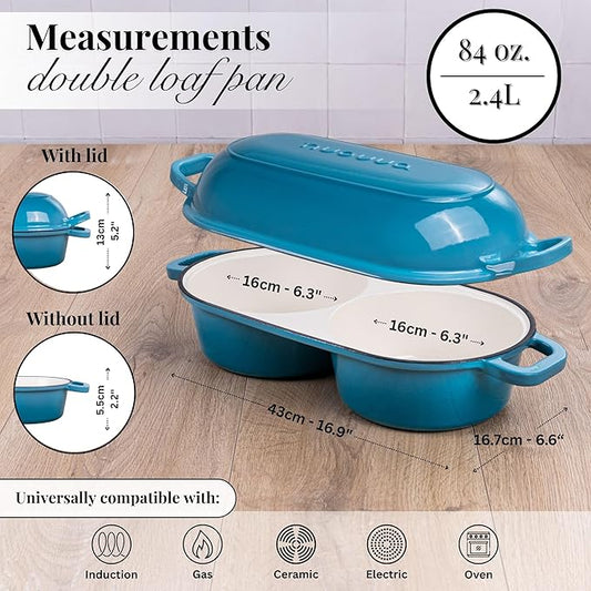 nuovva Dutch Oven For Sourdough Bread Baking – Enamelled Cast Iron Bread Loaf Pot – 500°F Oven Safe Non Stick Bread Pot – Double Round Loaf Space, 16.5cm Diameter, Light Blue