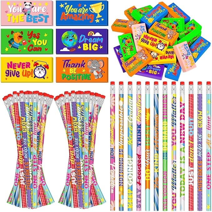 Cinrobiye 100 Pcs Inspirational Pencils with Erasers for Kids,Motivational Pencil Erasers Bulk Back to School Gifts Supplies Party Favor Goody Bag Fillers for Students Classroom Teacher Prizes Reward