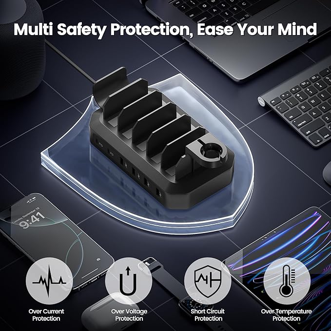 190W Fast Charging Station for Multiple Devices【Efficient & Safe Charging】 6 Port USB Charger Station - Family Multi-Device Organizer Charging Dock Compatible with iPhone/Android/MacBook/iPad/Tablet