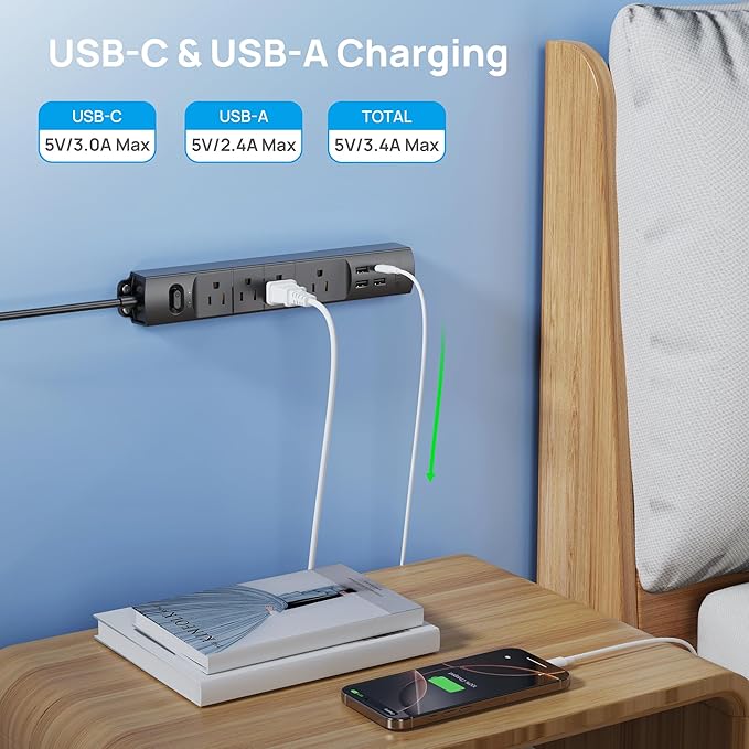 TROND Surge Protector Power Strip with USB, Ultra Thin Flat Plug 3ft Extension Cord 1625W, 3 USB A & 1 Type C, 4 AC Outlets 1440J Surge Protection, ETL Listed, Wall Mount for Home Office Dorm, Black
