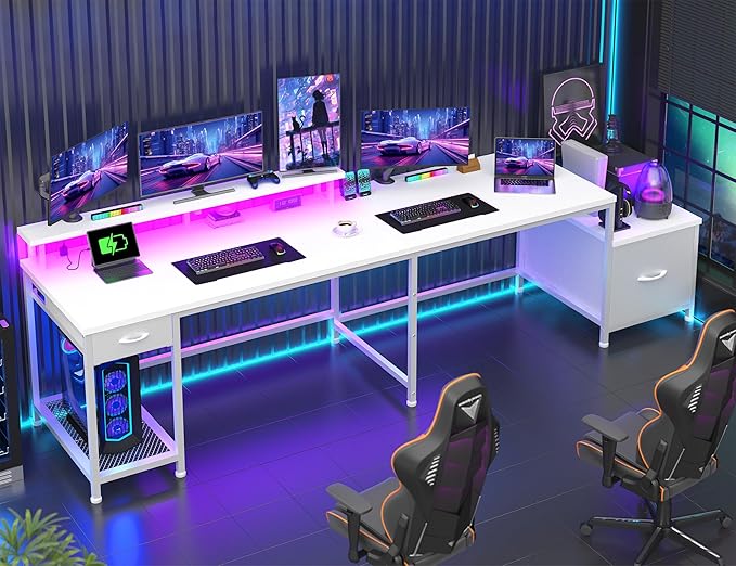L Shaped Computer Desk with Drawers, Gaming Desk with LED Lights & Monitor Shelf, Office Desks with Power Outlets, Corner Desks for Home Office, Study Room and Bedroom, White