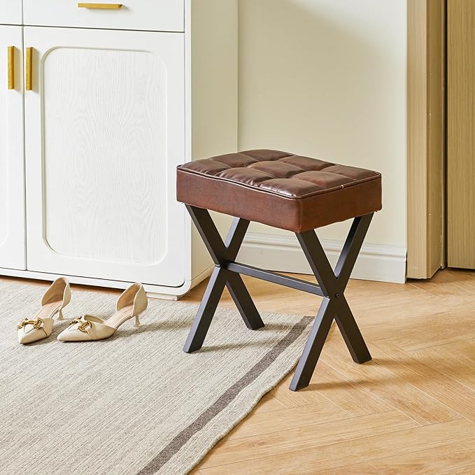 IBUYKE Square Makeup Stool with X-Leg Foot Rest, PU Footrest, Ottoman Seat Vanity Stool, Multi-Use as Small Side Table, for Bedroom, Living Room, Dark Brown LG-71Z