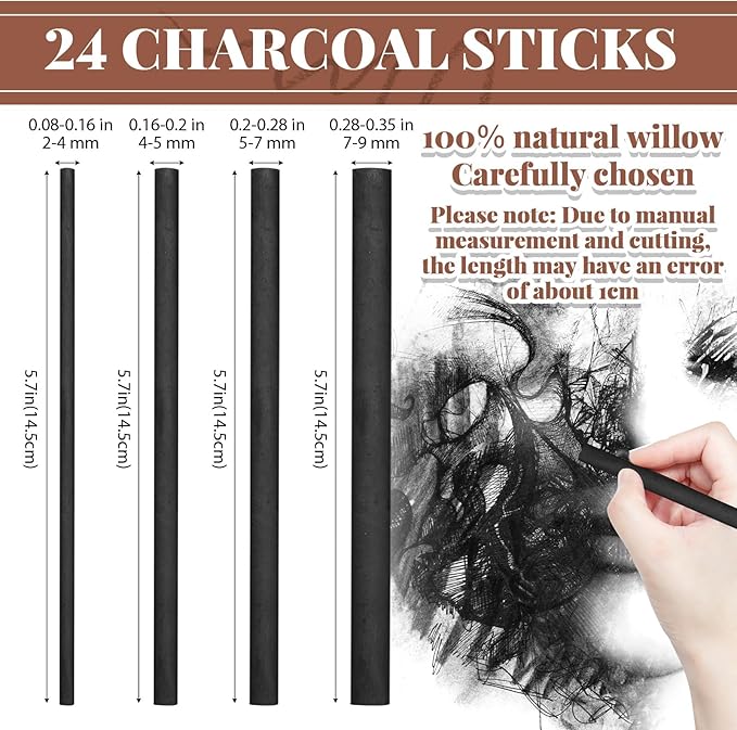 Gueevin 24 Pcs Willow Charcoal Sticks, Willow Charcoal, Artists, Beginners, Students, Perfect for Sketching, Drawing, Shading, and Fine Art (2-4mm,4-5mm,5-7mm,7-9mm)