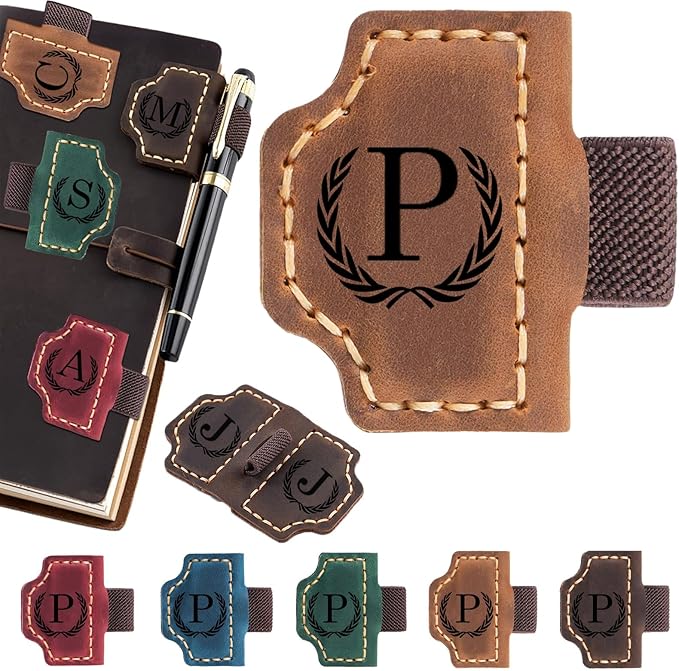 Personalized Magnetic Leather Bookmark with Pen Holder - 26 Letters Custom Book Mark with Name Initial Engraved Book Marker for Readers, Book Lovers, Travelers - Gift for Women & Men(Light Brown,P
