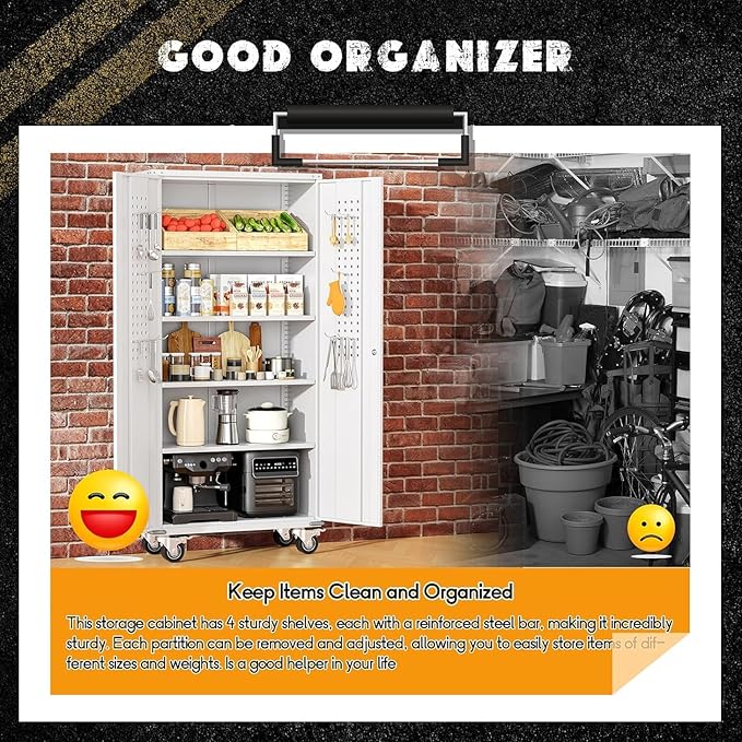 INTERGREAT Metal Garage Storage Cabinet, Lockable Rolling Tool Cabinets with Pegboard and Shelves, 72" Tall Heavy-Duty File Cabinet with Wheels for Garage, Basement, Warehouse, White