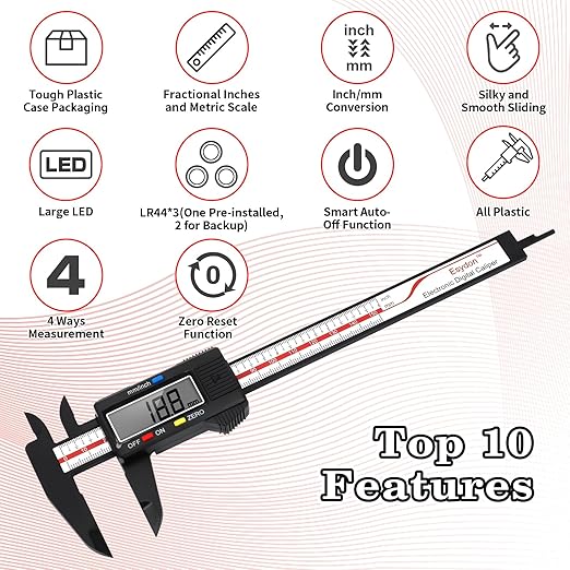 Digital Caliper, Esydon Upgraded Calipers 6 inch, Measuring Tool, Electronic Ruler, with Large LCD Screen, Auto-Off Feature, Inch and Millimeter Conversion, Plastic Case, Perfect for Household, DIY