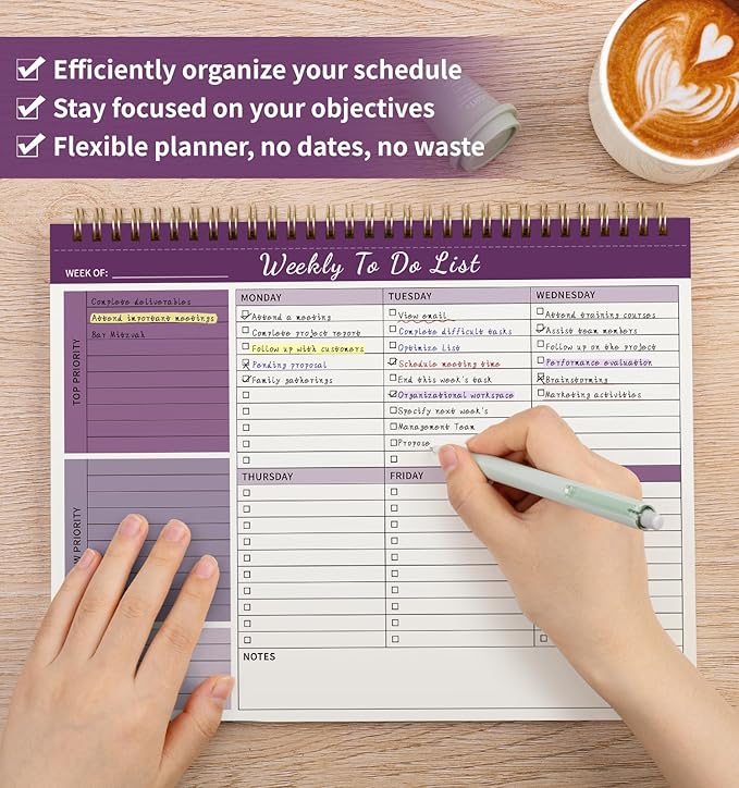 Weekly To Do List Notepad, 52 Undated Sheets (8.5"×11") Duplex-printed Weekly Planner Notepad For Work Home School Office Desk Accessories Supplies & Goal Setting Tasks - Purple