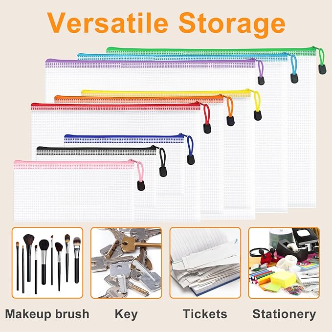 12pcs Mesh Zipper Pouch Bags, Waterproof A4 Letter Size Puzzle Bag for Organizing, Storage, Board Games and Office Supplies, 12 Colors