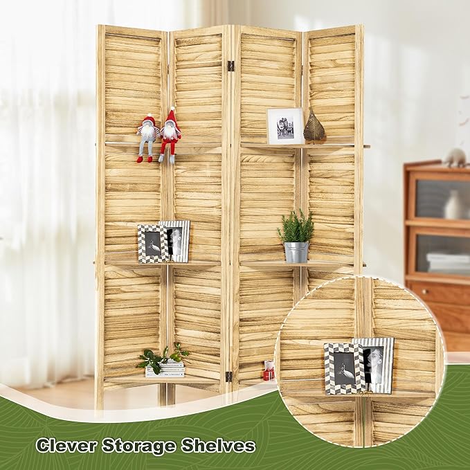 NicBex 4 Panel Room Divider,5.6FT Wood Carved Room Dividers with Display Shelves Folding Privacy Screens Portable Freestanding Partition Wall Dividers for Room Separation, Bedroom Office,Natural Wood