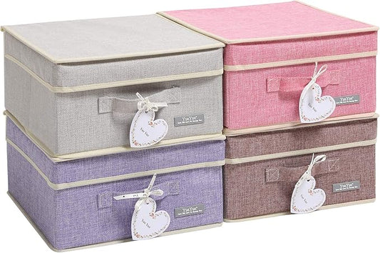 YueYue Foldable Fabric Closet Organizer Bins Box Storage - 4 Pack 12.4 X 12 X 6.7 Inch Storage Bins With Lids 4 Light Color Basket Boxes - Bins Storage Box Collapsible Cloth Home Lid