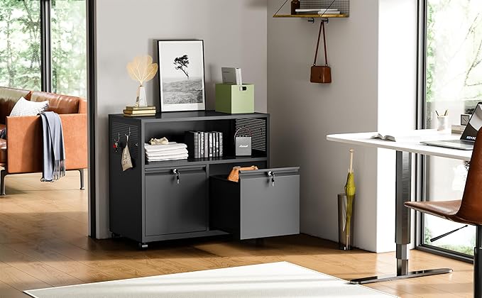 Metal File Cabinet,2 Drawer Filing Cabinet with Lock,Rolling Printer Stand Storage Cabinets with Shelves for Home Office Letter/Legal/A4 Size Files(Black)