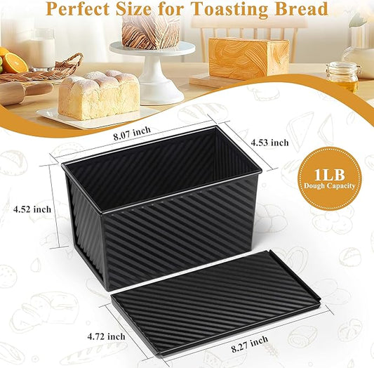 LIANYU 2 Pack Pullman Bread Loaf Pan with Lid, 1 Pound Dough Nonstick Loaf Baking Pans, Metal Bakeware for Sourdough Sandwich Homemade Bread, Carbon Steel Corrugated Toast Tin, Black