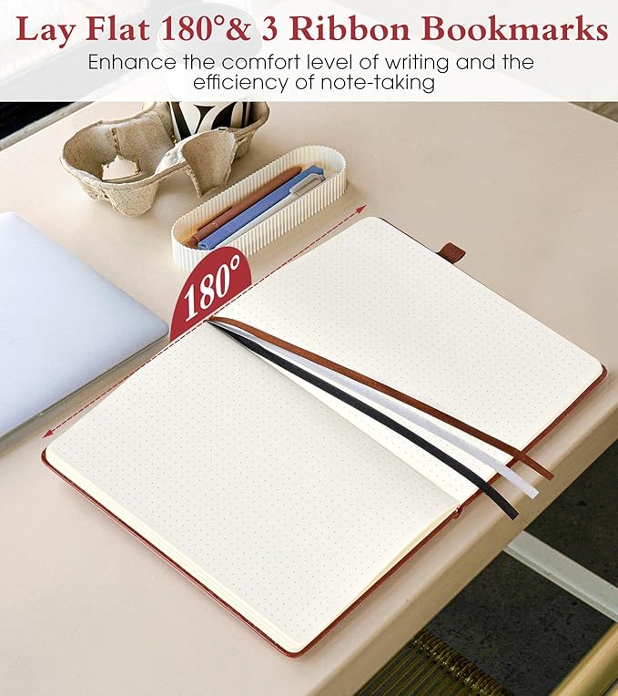 Dotted Journal Notebook for Women Men, 160 Pages Dot Grid Paper,Inner Pocket, A5 Hardcover Vintage Leather Notebooks for School, Work, Travel, Note Taking,Bullet Journaling 5.8"x8.5" (Brown)