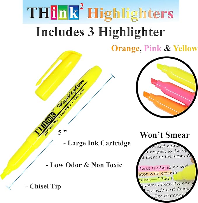 Think2 24 Pack School Supplies Kit. Includes 3 Highlighters, 4 Permanent Markers, 2 Dry Erase Markers, 12 Color Gel Pens and 3 Retractable Pens. Study Supplies