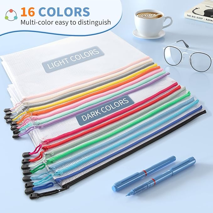 Umriox 16PCS Zipper Pouch, Mesh Bags with Zipper, 16 Color A4/Letter Size Pouches for Organization, Clear Zipper Pouches for Puzzles, Board Games, Craft Projects