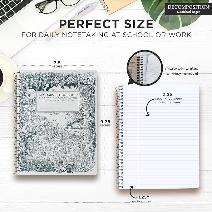 Decomposition 3-Pack Whimsical Garden College Ruled Spiral Notebook - 9.75 x 7.5 Journal, 160 Lined Pages - 100% Recycled Paper - Notebooks for School Supplies, Home & Office - Made in USA