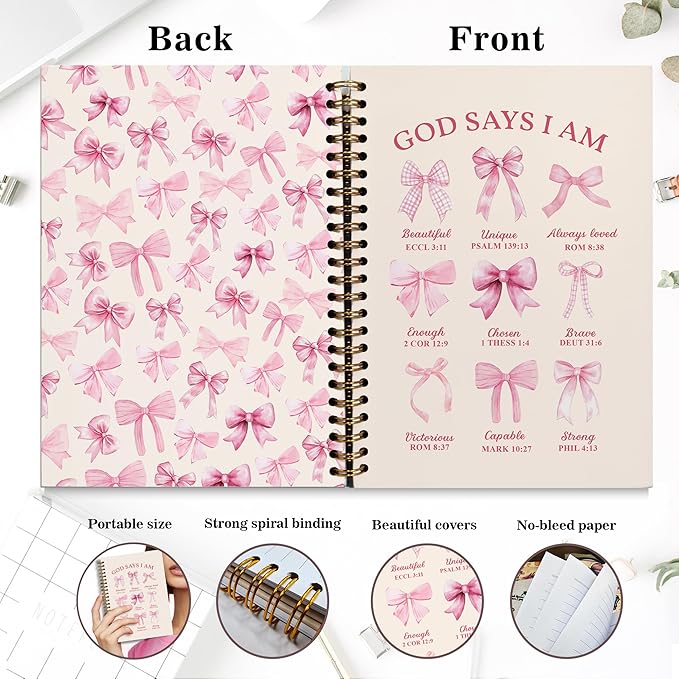 Bible Notebook, A5 Spiral Christian Journal with Floral Pink Butterfly Notebook, Bible Verse-God Says You Are, Inspirational Notebooks for Women, Bible Study, Gift for Birthday Christmas