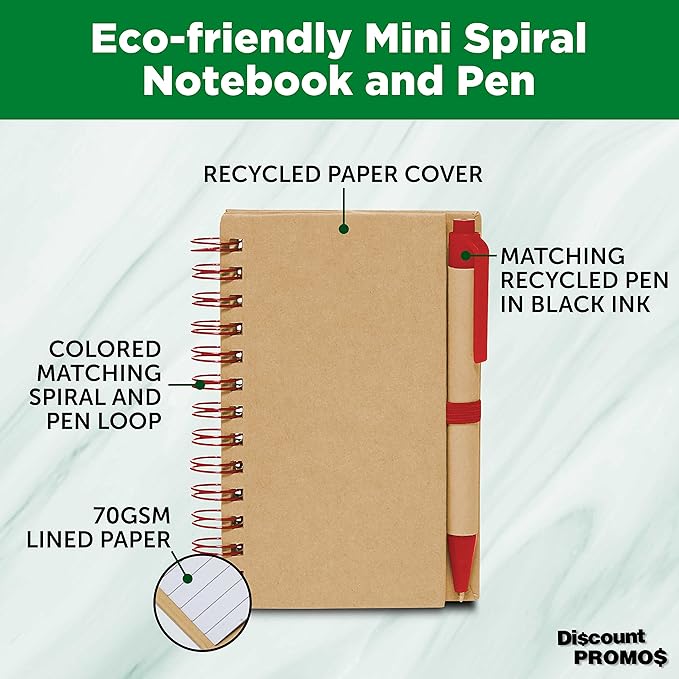 Mini Spiral Notebooks with Black Ink Pens Set of 10, Bulk Pack - Perfect for School, Office, Business, Home - Red
