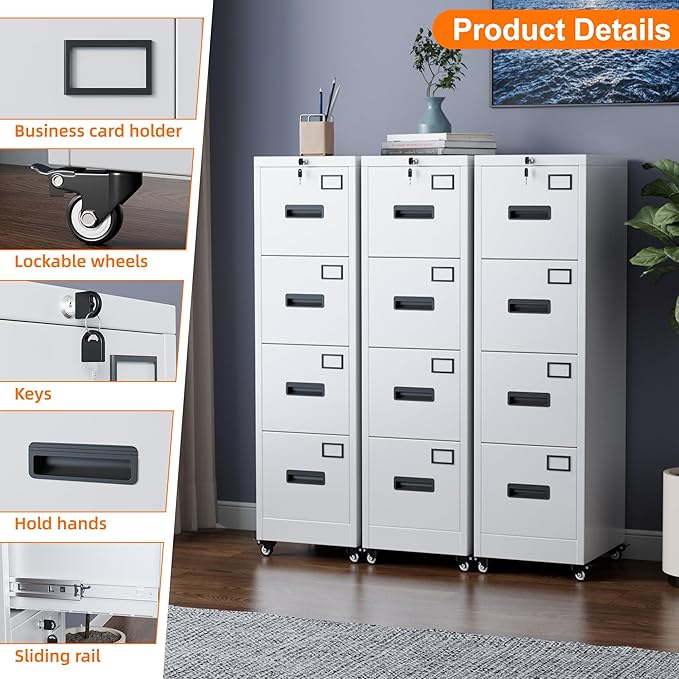 Aobabo 56" H 4 Drawer Moblie Office File Cabinet with Lock, Rolling Metal Filing Storage Cabinet, Legal/Letter A4 Size, White, Assembly Required