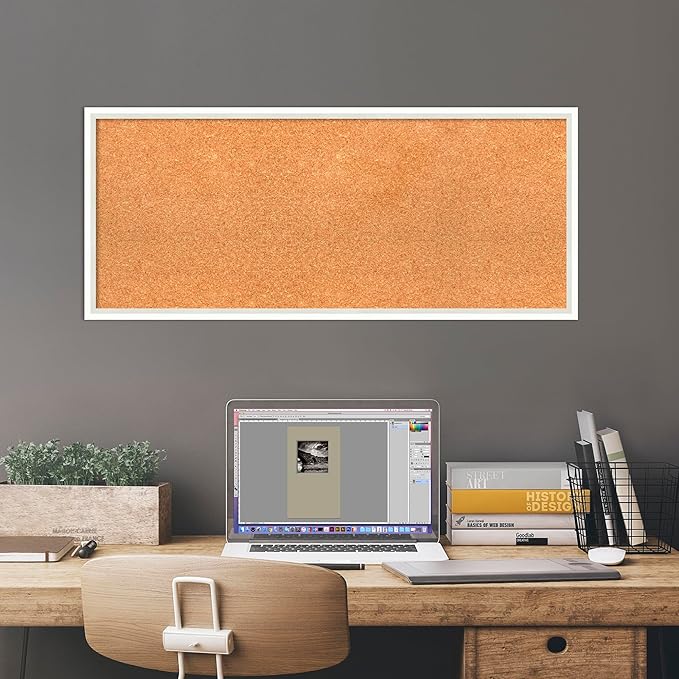 Amanti Art Natural Cork Board for Wall, 15x35 Vision Board with White Frame, Medium Corkboard Office Decor for Home Organization, Modern Corkboard Pinboard to Display Items for Home Organization in