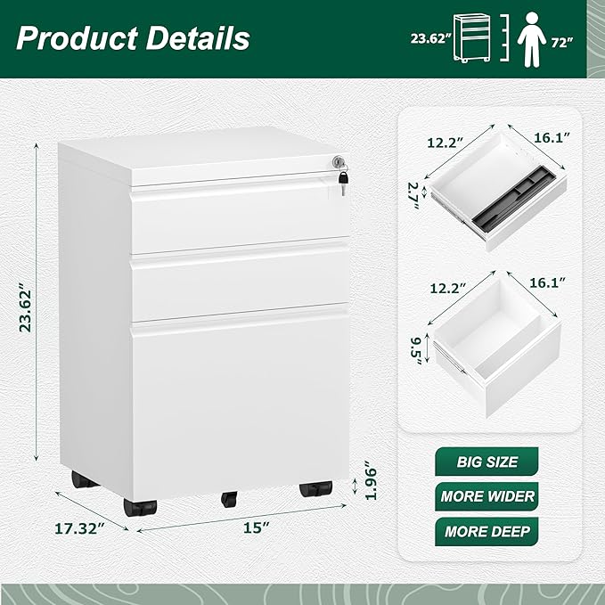 Superday 3 Drawer Mobile Locking File Cabinet, Metal Rolling Vertical File Cabinet with Drawers, Small Under Desk Lateral Cabinets for Office and Home, Fully Assembled Except
