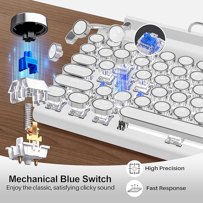 Retro Typewriter Wireless Mechanical Gaming Keyboard, Bluetooth 5.0 Office Computer Vintage Keyboards 83-Key Blue Switches Punk Round Keycap, LED Backlight, Compatible with PC/Laptop/Pad/Phone, White