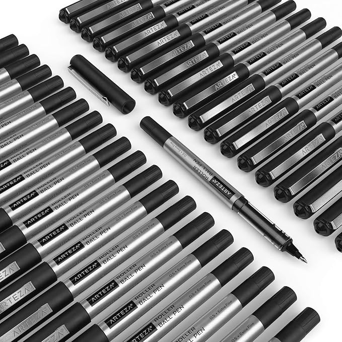 ARTEZA Rollerball Pens, Pack of 40, 0.5mm Black Liquid Ink Pens for Bullet Journaling, Fine Point Rollerball, Office Supplies for Writing, Taking Notes & Sketching