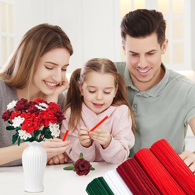 400 Pcs Red Pipe Cleaners for Crafts, 4 Colors Chenille Stems Bulk with Floral Wires, Gardening Tape,Hot Glue Stick,Greeting Card,Bouquet Paper, Pearl & Ribbon, Flowers Craft kit for Christmas