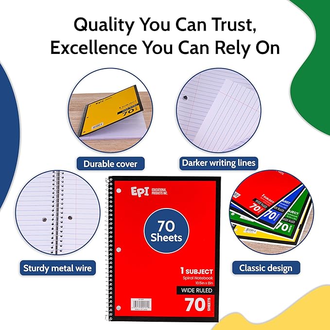 EPI Spiral Notebook | Wide - 70 Sheets, Durable Spiral Binding | 10.5 x 8 in | Classroom Supplies | School, Office, Note Taking, Journaling - 3 Pack