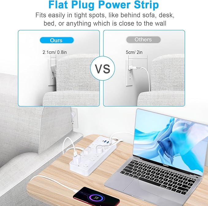 15 FT Power Strips with Surge Protection 1625W/13A,10 Outlets with 4 USB Ports (1 USB C) Long Extension Cord with Multiple Outlets 16Awag 1700J Flat Plug Power Strip Protector White,ETL Listed