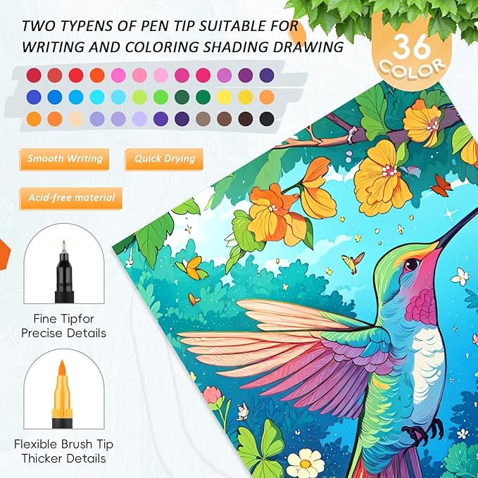 3Pcs Adult Coloring Book for Women Relaxation, 36 Colors Markers with Spiral Bound Adult Coloring Book for Women, 36 Dual Tip Colors Markers, Anxiety Relief Mindfulness Gifts(Ocean & Bird & Butterfly)