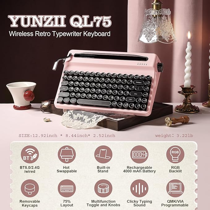YUNZII QL75 Wireless Typewriter Hot Swap Retro Mechanical Keyboard,Punk Round Keycaps,RGB Backlit QMK/VIA Programmable,Multi-Device Keyboard with 2.4GHz/Type-C/BT5.0 (Pink, Cocoa Cream V2 Switch)
