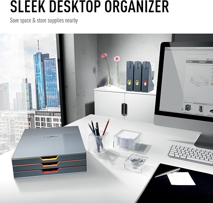 Durable Varicolor 3 Drawer Unit - Gray Desktop Drawer Set with 3 Color Coded Draws - Letter to Folio Size Files - Perfect for Storing Documents and Paper Work