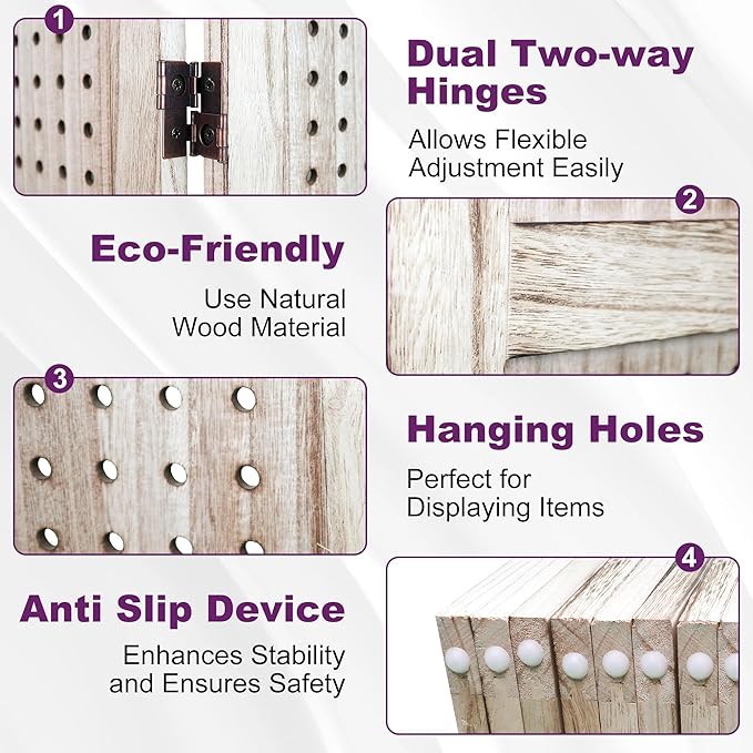 Room Divider, 5.6FT Folding Room Divider Panel, 4 Panel Pegboard Display Wood Partition Wall Divider for Room Separation& Craft Shows, Natural Wood