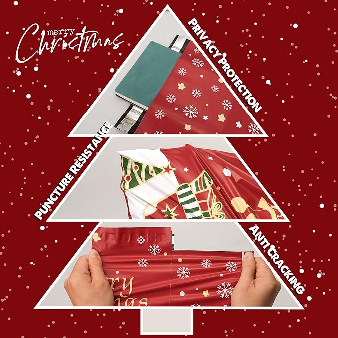 Christmas Poly Mailer 10x13 Inch 100 Pcs, Waterproof Shipping Bags for Clothing, Tear-Resistant Mailier Bags, Strong Mailing Bags with Self-Seal - Red Merry Christmas