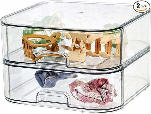 Set of 2 Stackable Storage Drawers - 7.8" Clear Plastic Drawer Storage, Acrylic Makeup Organizer, Desk Counter Cabinet Office Organizer, Bathroom Organizers and Storage (Square/Set of 2)