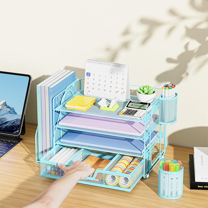 Marbrasse Desk Organizer and Accessories,4-Tier Paper Letter Tray Organizer with File Holder, Desk Accessories & Workspace Organizers with Drawer and 2 Pen Holder (Blue, 15.4" x 9.1" x 8.3")