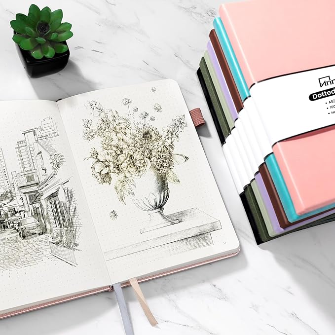 Annecy Numbered Bullet Dotted Journal Notebook, Medium 5.5x 8.25, 160 Pages 100GSM Writing Paper, A5 Peach Pink Faux Leather Cover with Pen Loop