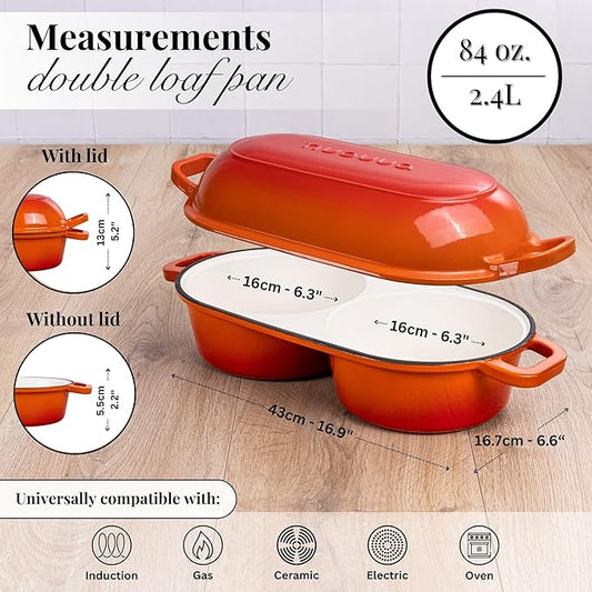 Dutch Oven For Sourdough Bread Baking – Enamelled Cast Iron Bread Loaf Pot – 500°F Oven Safe Non Stick Bread Pot – Double Round Loaf Space, 16.5cm Diameter, Orange, – by Nuovva
