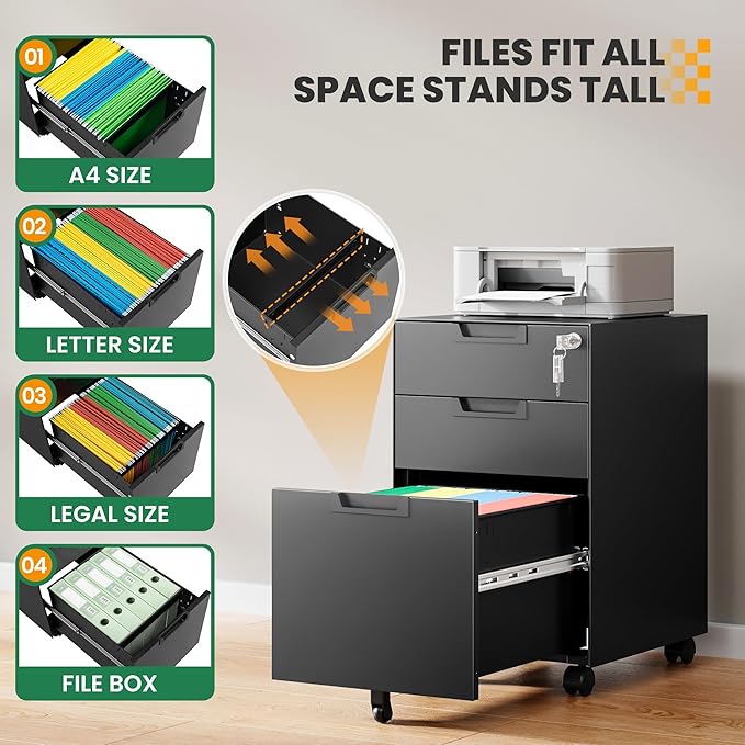 Mobile File Cabinet,3 Drawer Locking Storage Filing Cabinet,Office Metal Storage Cabinet on Wheels for Legal/Letter/A4 File(Fully Assembled,Black)
