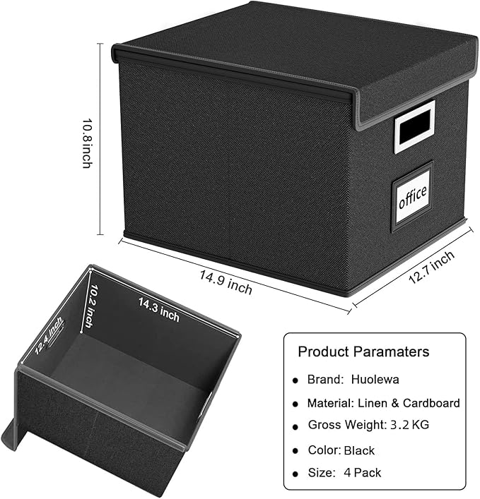 Huolewa New Portable File Organizer Boxes Set of 4, Collapsible Linen Hanging Filing Storage Boxes with Plastic Slide, Decorative Home/Office Filing System for File and Folders Storage (Black)