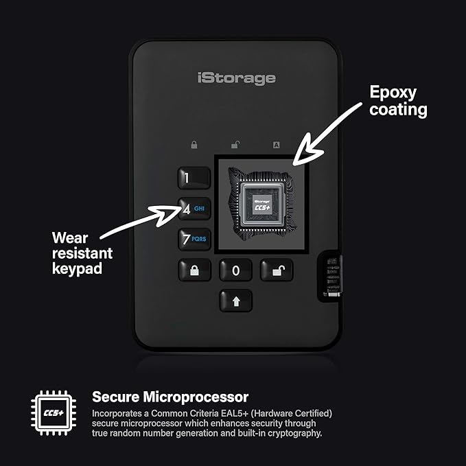 iStorage diskAshur2 HDD 1TB Black - Secure portable hard drive - Password protected - Dust & water resistant - Hardware Encryption