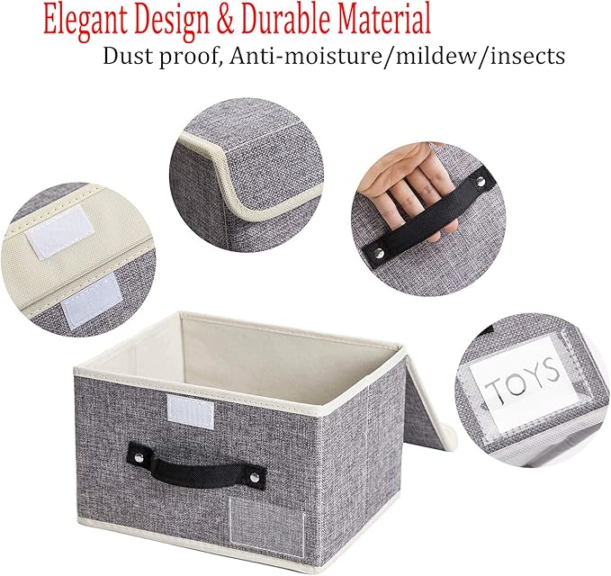 Small Storage Boxes with Lids 2 Pack Linen Collapsible Cube Storage Basket with Handle & Label, Jane's Home Foldable Fabric Storage bins for Shelf & Closet to storage Clothes & Toys