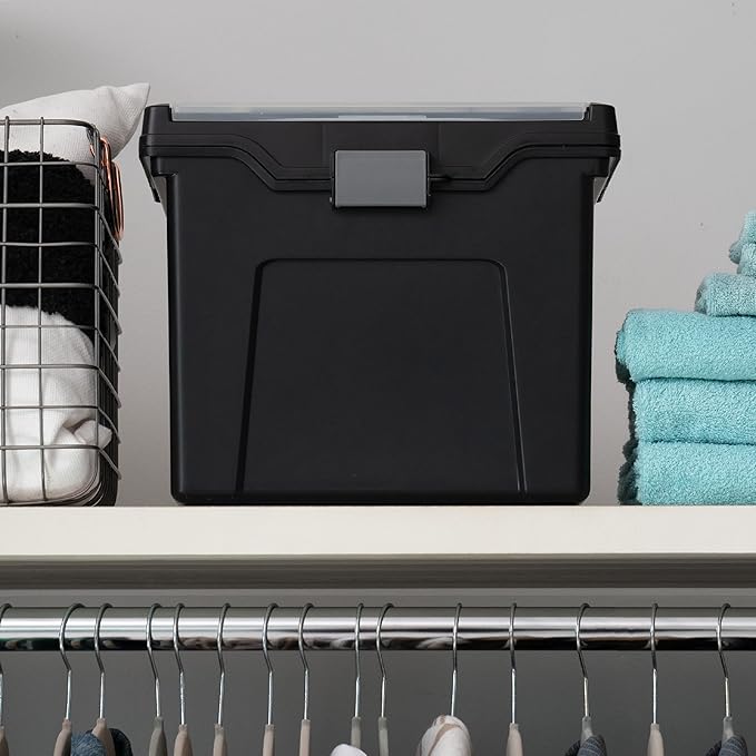 IRIS USA File Box with Lid File Organizer for Letter File w/ Organizer-Lid, Water Resistant Document Box, Plastic Mobile Filing Organizer, Secure Buckle, Portable Handle, Lockable, Black 4 Pack