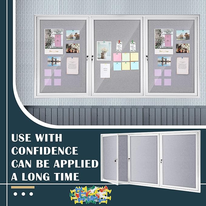 72" x 36" Enclosed Bulletin Board Outdoor 3 Door Weatherproof Tamper-Proof Enclosed Cork Board with Lock Aluminum Frame Display Case for Back to School, Office Commercial, 18xA4(Gray)