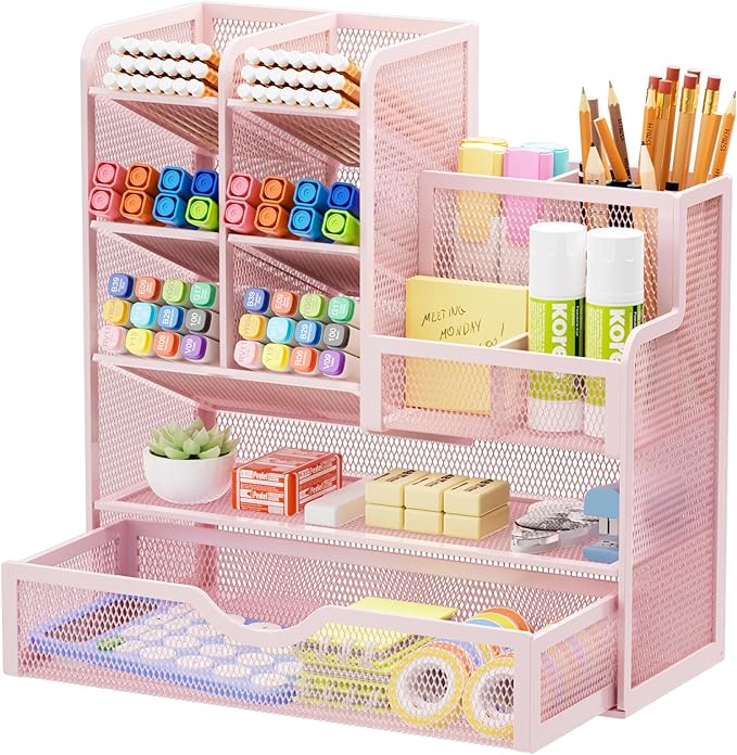 Marbrasse Mesh Desk Organizer with Drawer, Multi-Functional Pencil Organizer, 12 Compartments, Pink, Modern, Minimalist