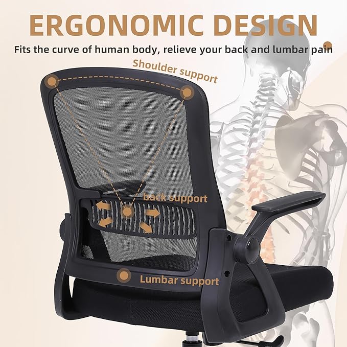 Modern Ergonomic Office Chair, Black, Mesh Back, Flip-up Armrests, Adjustable Height, 300 lbs Capacity