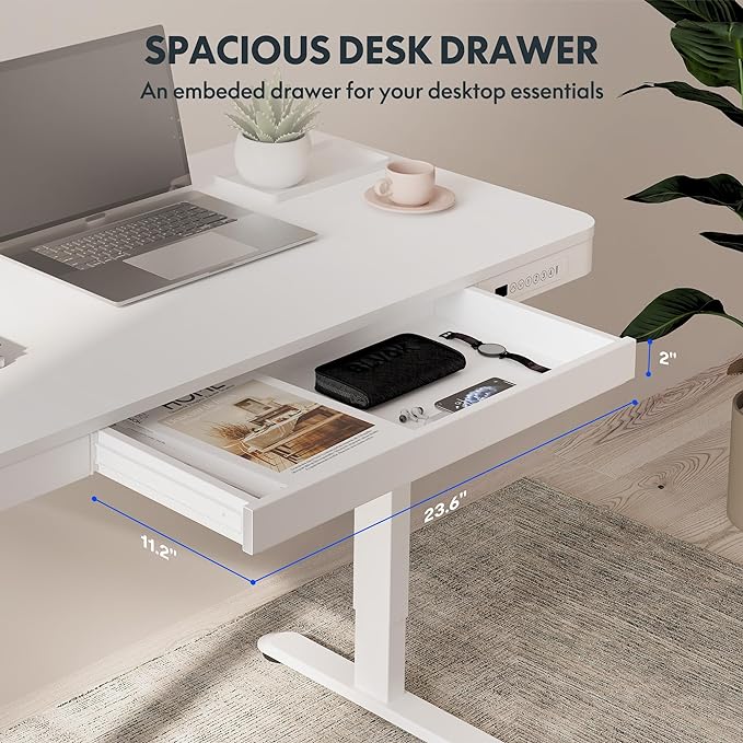 FLEXISPOT Comhar Electric Standing Desk with Drawers Charging USB A to C Port, Height Adjustable 48" Whole-Piece Home Office Computer Laptop Table with Storage (White Top + Frame)
